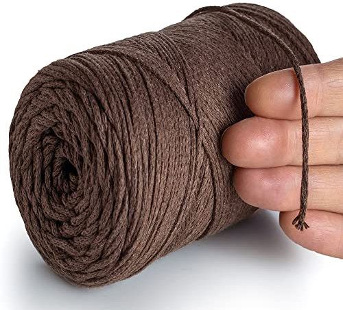 MeriWoolArt® Makramee Garn 2 mm x 250 m Baumwollkordel, recyceltes weiches Baumwollgarn für das Stricken von Pflanzenhängern, Schmuckherstellung, Häkeltaschen (Braun, 2mm)