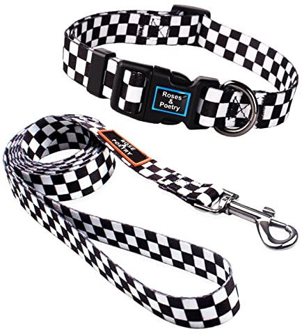 Roses&Poetry Hunde-Halsband und Leine für mittelgroße Hunde, verstellbar, strapazierfähig, 1,5 m Leine, für Training, Schwarz & Weiß, Größe M