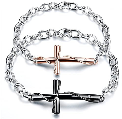 Kim Johanson Edelstahl Pärchen Armbänder * Kreuz* in Silber, Roségold & Schwarz | Schmuck mit Herz | Paar Armband | Geschenk für Paare mit Gravur | Wasserfest | BFF | Verstellbar inkl Schmuckbeutel