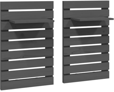 vidaXL Grey Wall-Mounted Bedside Shelves, Solid Pine Wood, Space-Saving Design, Adjustable Display Shelf, Easy Assembly, Set of 2