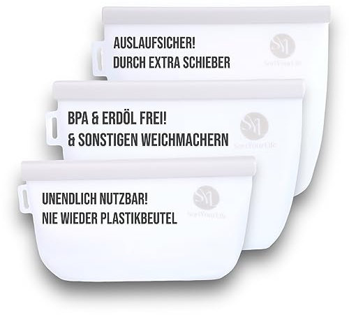 SortYourLife Wiederverwendbare Gefrierbeutel aus Silikon (3er Set), Silikonbeutel für Lebensmittel, Spülmaschinenfest, Sous Vide und Mikrowellengeeignet