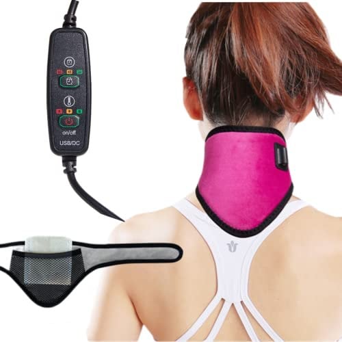 USB Neck Heat Pad Electric Neck Warmer Collar Pain Relief Physical Therapy Heated Neck Wrap Brace with 3 Adjustable Temperature 3 Timer Mode Warm Neck Support Band for Women Men Elder (Hot Pink)