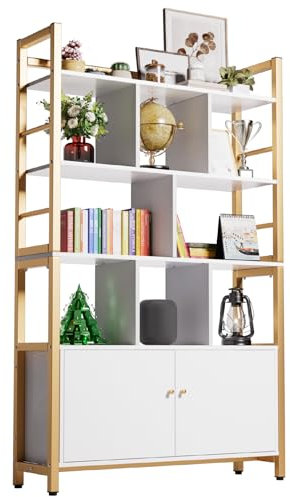 Gold and White Bookshelf with Doors, 4 Tier 39.4in Wide Heavy Duty Bookshelves with Cabinet Storage, Large Book Shelf 64.2 H x 39.4 W x 11.8 D Office Shelving, Wood & Metal Bookcase Living Room