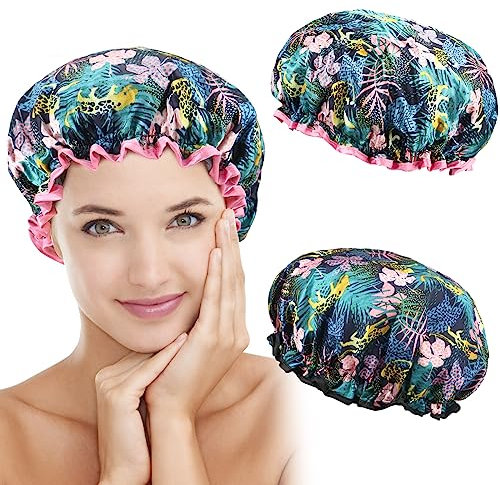 2 Packs Shower Cap Elastic Band Waterproof Bath Caps Double Layers Reusable With Ruffled Edge Covering Ears for Girls and Women