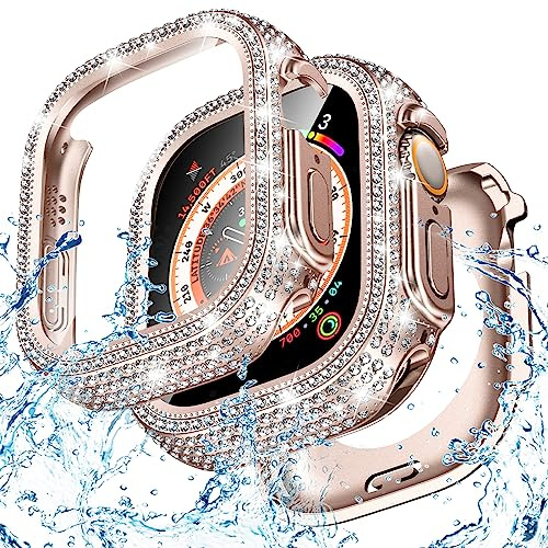 Goton 2-in-1 wasserdichte Bling Hülle Kompatibel für Apple Watch Displayschutzfolie 40mm 41mm 42mm 44mm 45mm 46mm Ultra 49mm Series 10 9 8 7 6 5 4 SE 2, Glitzer Strass Gesichtsabdeckung für iWatch