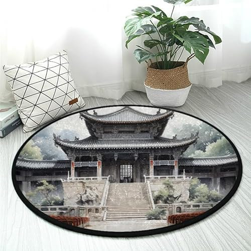 DNOVING Tapis rond traditionnel style peinture à l'encre chinoise 0,9 m, antidérapant, doux, lavable, parfait pour cuisine, chambre à coucher, salon