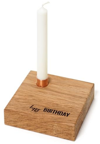 SKONIDA Geburtstagsteller aus Eiche -Kerzenständer minimalistisch - Tischdeko Holz – Mini Kerzenbrett Eiche mit Kupfer Hülse für Baumkerze - Geburtstagskranz – Kerzenplatte mit Gravur Happy Birthday