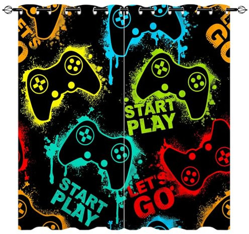YUANZU Kinder Gamer Gamepad Vorhänge Joystick Spiel Ösen Gardinen mit Blickdichte Thermo Vorhang Kälteschutz Blackout Curtain Kinderzimmer Schlafzimmer Verdunkelung Fenster, 2 Stück, H 160 x B 132 cm