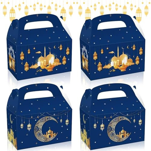 12 Stück Ramadan Geschenkschachteln, Eid Mubarak Geschenkboxen Faltbare, Ramadan Papiertüten, Eid Mubarak Geschenktüten, Muslimische Geschenkkartons Box für Islamischen Muslim Eid Party(Blau)