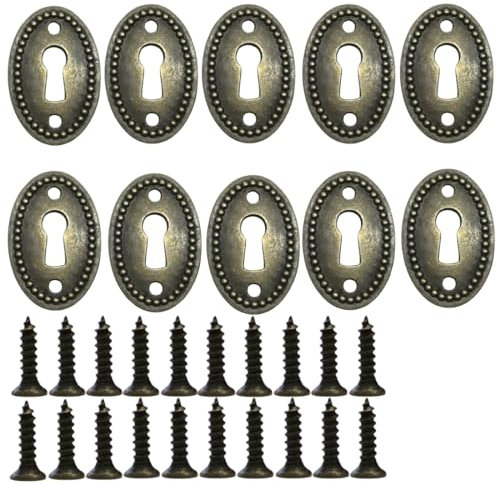 UPEYXDQR Oval Stamped Antique Brass Decorative Keyhole Cover Plate, Keyhole Escutcheon Plate for Cabinet, Door, Dresser, Drawers, Desk Furniture Hardware 10 Pack