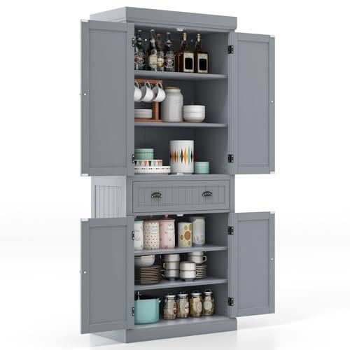 GiantexUK 183cm Tall Kitchen Cupboard, 4-Door Freestanding Pantry Cabinet with Adjustable Shelf, Drawer & Anti-Toppling Device, Wooden Storage Cupboard for Dining Room (without Door Racks, Grey)