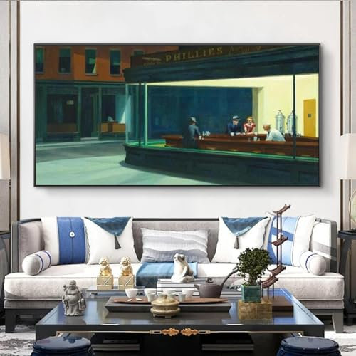 HOLEILUCK Berühmtes Gemälde „Nighthawks“ von Edward Hopper, großes Wandgemälde auf Leinwand, Kunstdrucke, Wandkunst, Bilder für Wohnzimmerdekoration, 60 x 95 cm/24 x 38 Zoll, mit schwarzem Rahmen