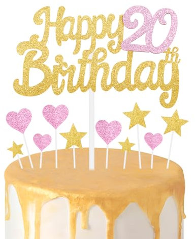 Gold Pink 20th Birthday Cake Topper, Girls 20th Birthday Decorations, Glitter Heart Stars Cake Toppers, Personalised Happy Birthday Cake Cupcake Toppers for Women Girls Baby Birthday Party Supplies