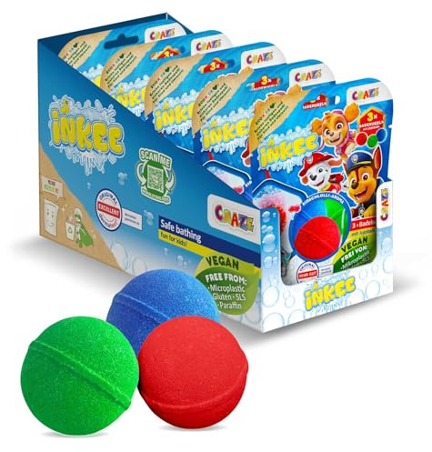 INKEE 15x Paw Patrol Badebomben Kinder - Badekugeln mit Kirsch-Duft | Pflegender Badezusatz mit Jojobaöl, TÜV geprüft und Dermatest sehr gut, 15x50g Schaumbad in Blau, Rot und Grün