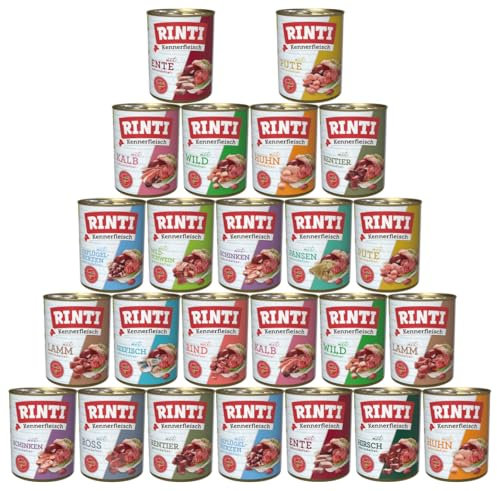 RINTI-Kennerfleisch 24 x 800g Mixpaket | 12 garantierte Sorten | getreidefreies Nassfutter mit 70% Fleisch & Innereien | ohne Soja | Hundefutter