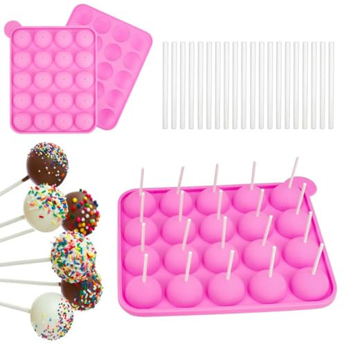 Cake Pops Form 20 Runde Cake Pop Silikonform Cake Pop Form mit 20 Lutscherstäbchen Cake Pop Formen Cake Pop Formen für Kuchen, Süßigkeiten, Gelee und Schokolade, Antihaftbeschichtung (Rosa)