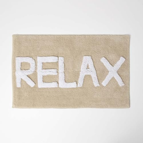 Homescapes Beige Badematte Relax 50x80 cm, Badteppich mit Schrift, Badvorleger Baumwolle