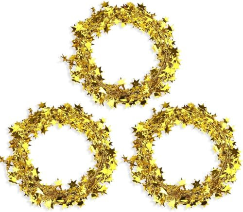 3 Stück Weihnachten Stern Lametta Glitzer, Kleine Sterne Girlande Deko, Weihnachten Draht mit Sternen Deko, Weihnachtsdeko Baum Girlande, für Weihnachten Party Dekoratione, 7,5m (Gold)