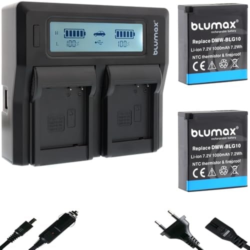 2X Blumax Akku kompatibel mit Panasonic DMW-BLG10 E [ 1000mAh ] mit NTC-Sensor & V1-Gehäuse + LCD Dual Charger DMW-BLG10E / DMW-BLE9 E/BP-DC15 E