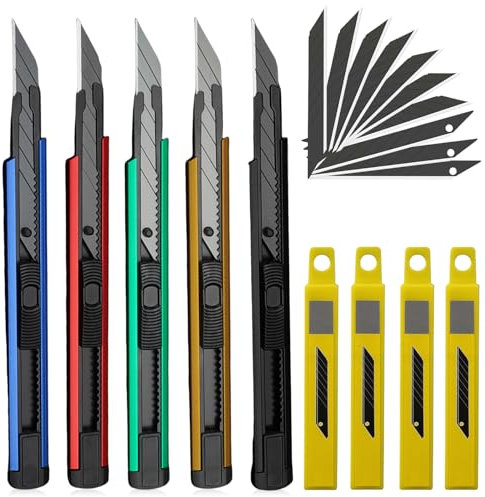Vaileal 5 Stück Cuttermesser Set 9mm, Cuttermesser Profi mit 50 Abbrechklingen, Tragbares Einziehbares Universalmesser Teppichmesser, Abbrechklinge Kartonmesser, Mehrzweck Messer Allzweckmesser