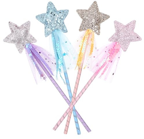 Piriuuo 4 Stück Stern Zauberstab, Feenstab für Kinder Zauberstab Fee Glitzer Sternstab Weihnachten Zauber Prinzessin Zauberstab Geburtstagsfeier Dekoration Cosplay Spielzeug, Rosa, Blau, Lila, Gelb