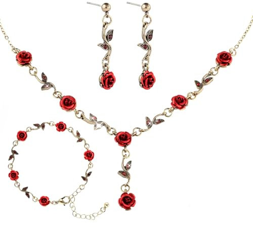 Yolev Rot Rose Brautschmuck Set Hochzeit Halskette Armband Ohrringe Schmuckset Damen Rosegold Vintage Braut Brautjungfer Hochzeitsschmuck mit Rot Rose Schmucksets für Damen Mädchen (Bronze)
