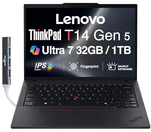 Lenovo ThinkPad T14 Gen 5 Business Laptop 14.0 IPS FHD+ (Intel Core Ultra 7 155U, 32GB RAM, 1TB PCIe SSD, Copilot, Thunderbolt 4, Webcam, Win11P) with Dockztorm Hub