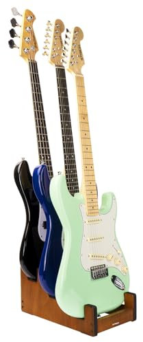 STRICH Gitarrenständer aus Holz für mehrere Gitarren, 3-Halter, frontale Präsentation, platzsparender Bodenständer für Zuhause, Studio und Bühne, Mahagonifarbe, L-3EM (für 3 E-Gitarren/Bässe)
