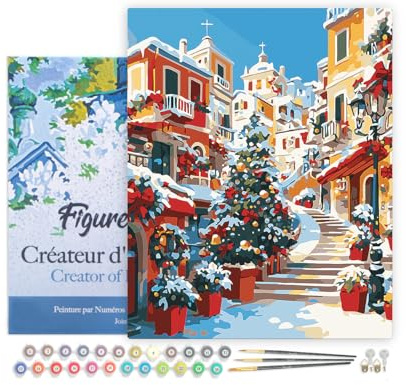 Figured'Art Peinture par Numéro Adulte avec Cadre Village Méditerranéen de Noël - Activité Manuelle Kit de Loisir Créatif DIY Numéro d'Art Complet - 40x50cm toile tendue sur châssis