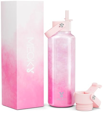 Women Water Bottle with Straw for Sports: 532ml Stainless Steel Insulated Water Bottle - BPA-Free - Carry Loop - Leakproof for Home Office Work - Girlfriend Wife Mom, Peony