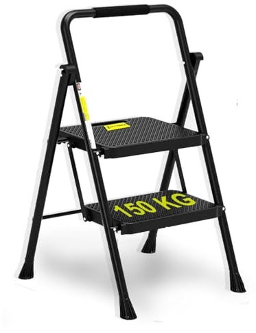 Escabeau à 2 Marches, Tabouret Escabeau Pliant avec Large Pédale Antidérapante, Échelle Stable en Acier, Poignée Confortable, Tabouret Escabeau en Acier Léger et Portable, Noir