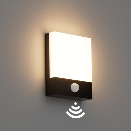 Klighten 24W LED Außenwandleuchte mit Bewegungsmelder, Schwarz Wandleuchte Innen Außen Wandlampe, IP65 Außenlampe Wand mit Sensor für Garten Terrasse Eingang, Warmweiß 3000K Aussenleuchte Wand