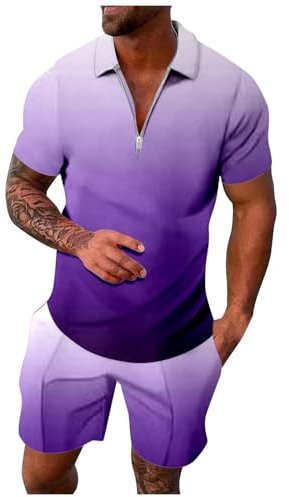 Generisch Men's 2-Piece Tracksuit, Summer Outfits, Short Sleeve, Casual, Zip, Sports Suit, Summer Clothing, Shirt and Shorts, Jogging Suit, Wetsuit, Light Purple4, 3XL