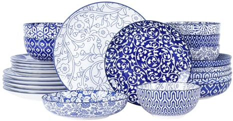Selamica Ceramic Dinnerware Sets for 6, 24 Piece Plates and Bowls Sets, Scratch Resistant Dishes Set-Dishwasher & Microwave & Oven Safe, Vintage Blue