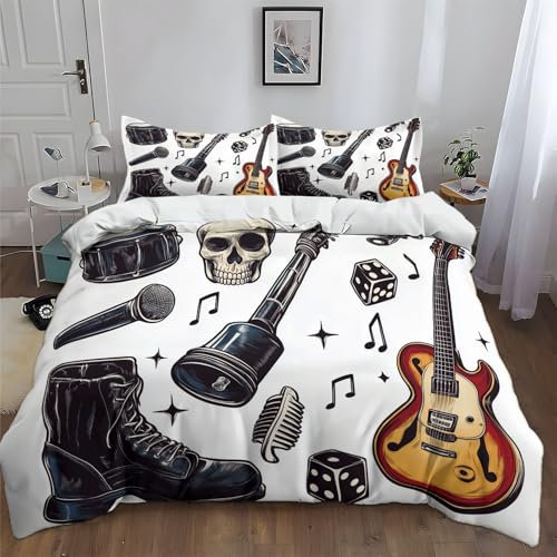 Bettwäsche 200 x 220 cm Graffiti Stil Totenkopf Musik Wende Bettwäsche für Allergiker, Aesthetic Weiß Bettwäsche Set Weiche kuschelige Fleece Bettbezug mit Reißverschluss und 2 Kissenbezug 80x80 cm