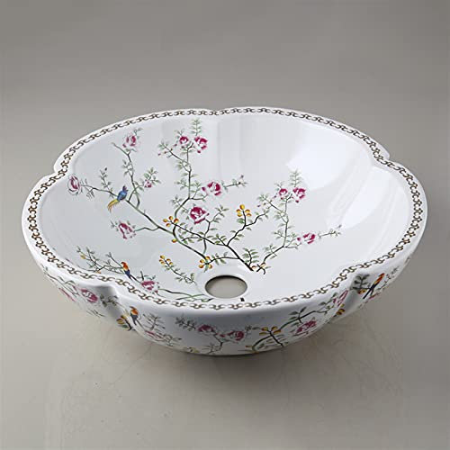 CAFIEDR Bathroom Sink Artistic Vessel Sink Bathroom Ceramic Material Flower Design Bowl with Vintage Brass Faucet and Pop Up Drain Combo Lavatory Art Basin