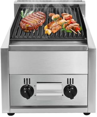 Commercial Radiant Broiler, 2 Burner Indoor Smokeless BBQ Grill Commercial Countertop Gas Charbroilers, LPG & Propane Gas Yakitori Grill Indoor Barbecue Griddle with Removable Grill Plate
