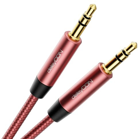 deleyCON 3,0m Nailon 3,5mm Cable Jack AUX Audio Estéreo Cable de Nailon Conector Metálico Móvil Smartphone Tablet Auriculares HiFi Receptor - Rojo/Rosa