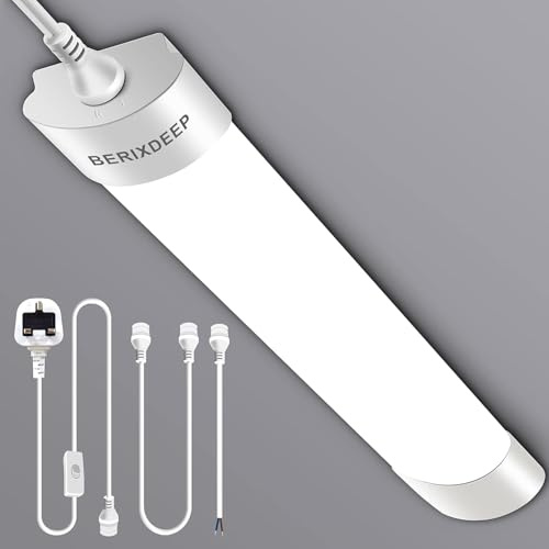 BERIXDEEP Feuchtraumleuchte LED mit Stecker 150cm, 3000K-6500K Abstimmbar Röhre mit Schalter, Wasserdichte Deckenlampen für Kellerraum, Garage, Wand, Werkbank, Waschküche, Carports, 45W