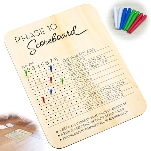 WJDXBNS Phase 10 Score Board Wooden, für Party -Tischspiel für Erwachsene für Kartenspiele mit 8 Farbigen Stiften, Phase 10 Anzeigetafel