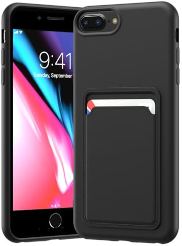 LVVFEI Custodia per iPhone 8 Plus/iPhone 7 Plus/iPhone 6 Plus con Portacarte, Custodia in Silicone TPU Antiurto Integrata, Cover con Fessura per Carte di Credito Design Finitura Opaca, Nero