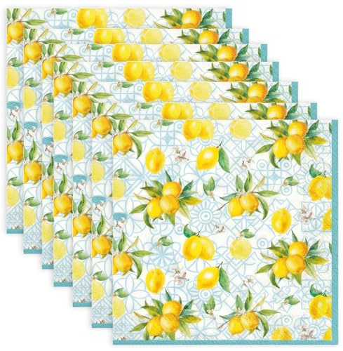 60 Stück Servietten Zitronen, Papierservietten 33x33cm Blau Weiß Kariert, Zitrone Deko, Tischdekoration Sommer, Einweg Geschirr für Gartenparty, Geburtstag, Hochzeit, Grillen