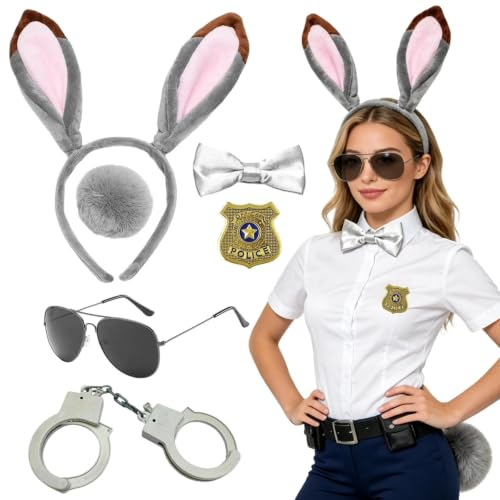 ZXTGBQ Ensemble D'Accessoires Pour Costume De Carnaval Pour Femmes Avec Serre-TêTe à Oreilles De Lapin, NœUd Papillon, Queue, Insigne De Police Et Lunettes De Soleil Pour Carnaval, Cosplay, FêTe