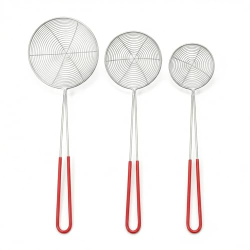 Minxulan 3 Stück Edelstahl-Schaumlöffel, 9.8/7.8/6.5 cm Fondue Sieb Küchensieb Fondue Edelstahl Küchensieb mit Griffen Siebkelle für Kochen, Braten, Spaghetti, Gemüse, Hot Pot Zubehör | 3 Edelstahl Schaumlöffel 9,8/7,8/6,5 cm mit Griff