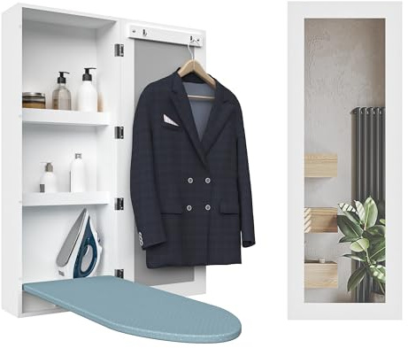 Planche à Repasser Murale avec Armoire de Rangement, Planche à Repasser Intégrée et Cadre de Support Pliable, Miroirs Muraux pour Maison, Appartement et Petits Espaces, Blanc, 35.5x17.5x95 cm