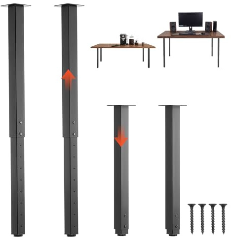 VEVOR Pieds de Table Réglables en Hauteur 610-1016 mm Lot de 4, Pieds de Bureau, Tubes Carrés en Acier au Carbone, Charge Max. 544 kg pour Bureau, Table à Manger, Établi et Table de Bar, DIY, Noir