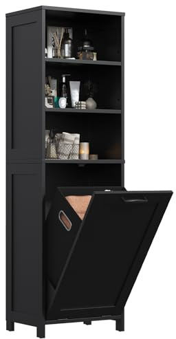 GoaHi Bathroom Storage Cabinet with 3 Open Shelves, Slim Bathroom Storage Unit with Removable Laundry Basket, Freestanding Bathroom Floor Cabinets, Adjustable Shelves, Modern Farmhouse, Black
