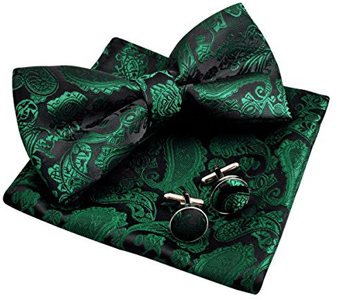 Men's Paisley Bow Tie, Hanky and Cufflinks Set (Dark Green)(Size: One Size)