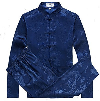 G-LIKE Costume Chinois Tang Kung Fu Chemise Traditionnel Tangzhuang Veste à Manches Longues Uniforme Avec Motif Dragon, Bleu Marine, M