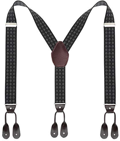 Kajeer Herren Schaltflächen Hosenträger Breit Elastisch - 35mm Y Form Längenverstellbar Hosenträgers (Schwarzes Diamantmuster, Knopfende)